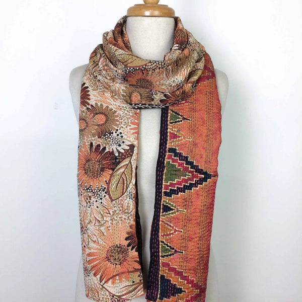 Sustainable sari silk Kantha shawl in burned orange