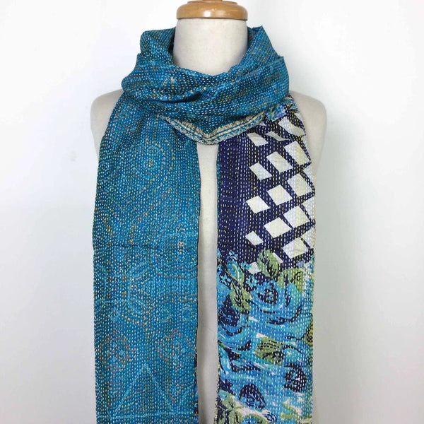 Blue Vintage Sari Silk Kantha Shawl/Scarf